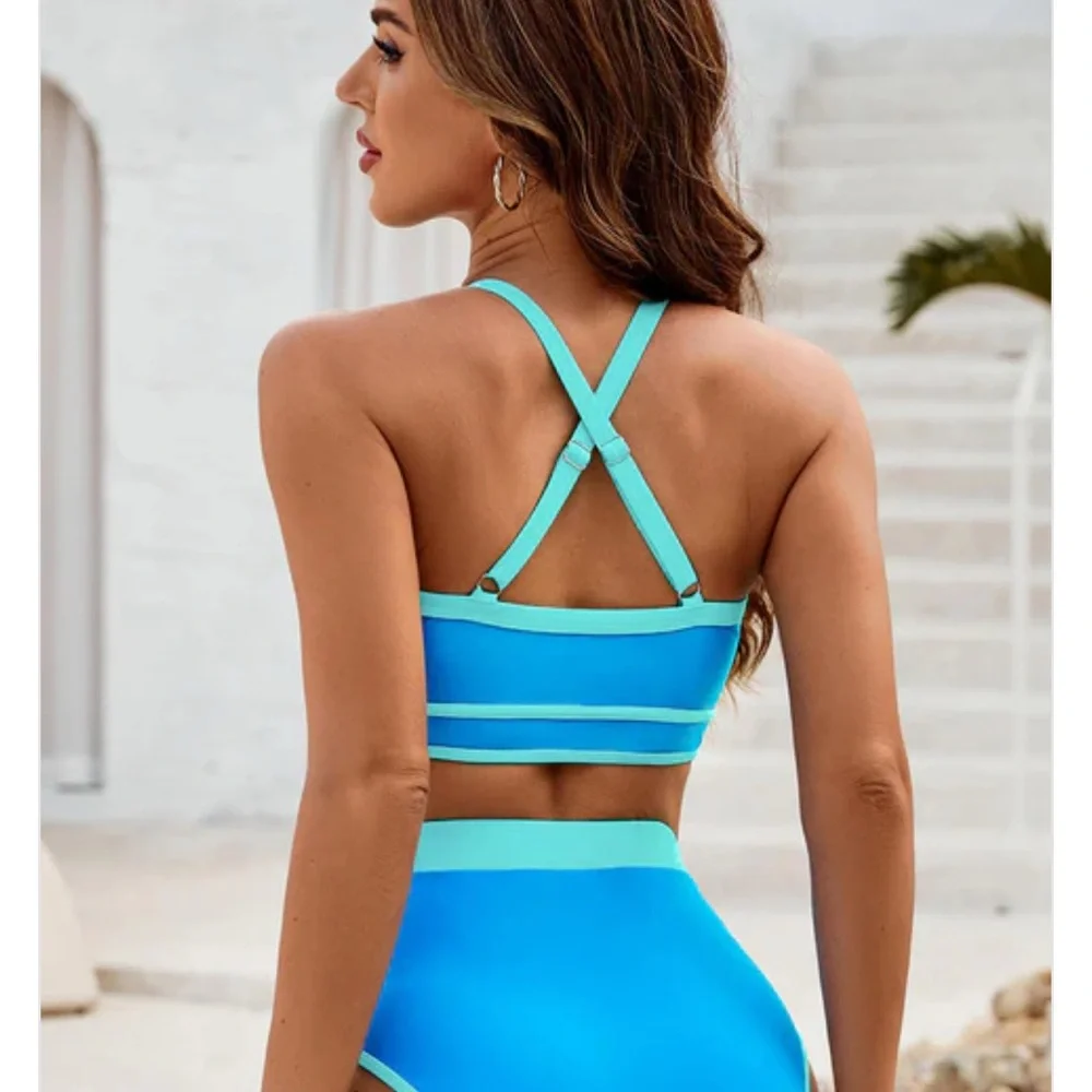 HannaBanna Blue Modest Bikini Top with Crisscross Back and Contrasting Trim